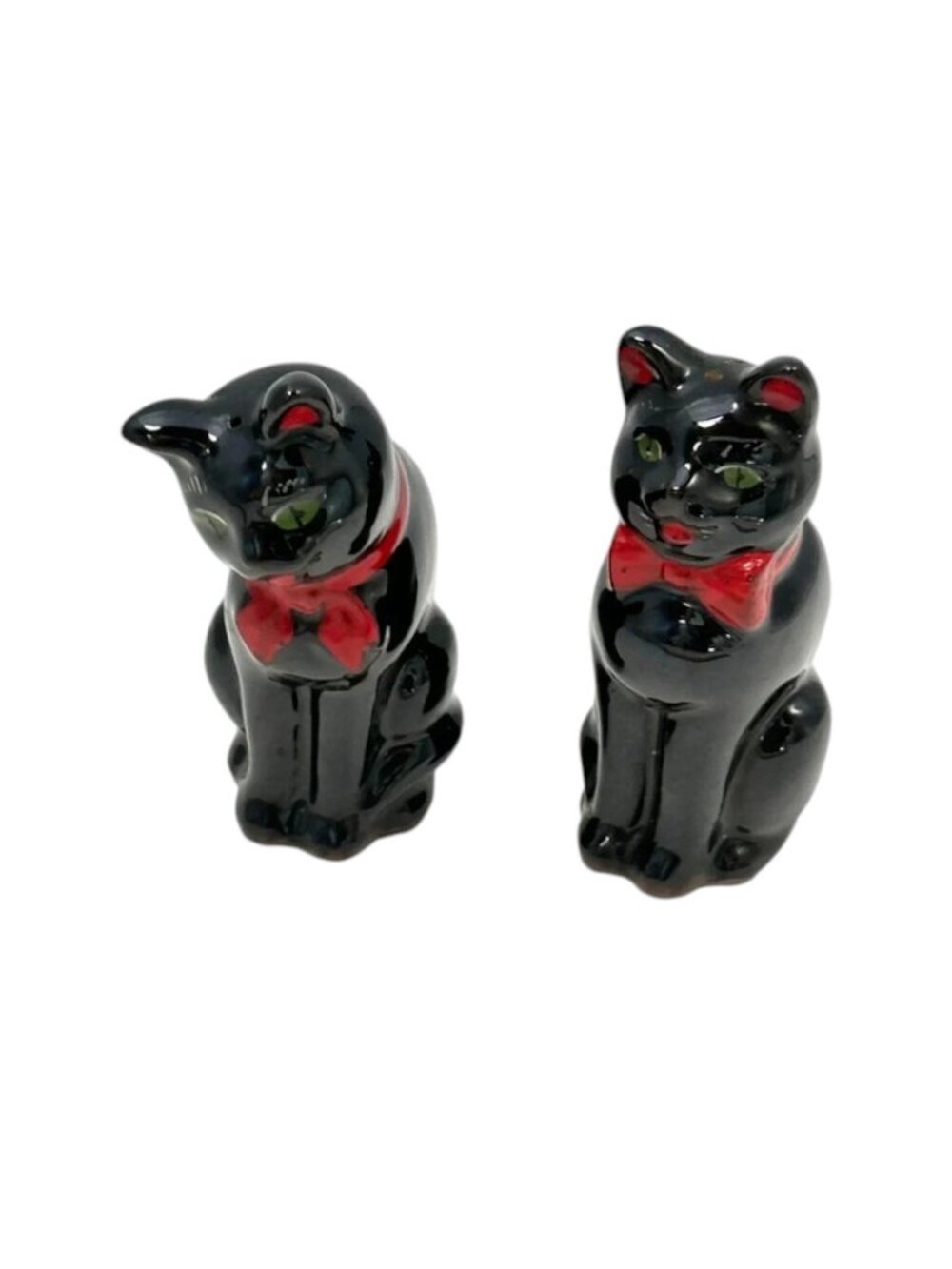 Vintage 60s Set Black Cats  Salt & Pepper Ceramic Green‎ Eyes Red Bow Halloween